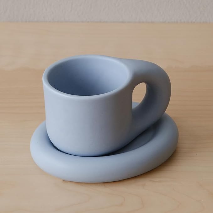 WENSHUO Chubby Funny Coffee Mug, Novelty Cute Cup and Saucer, Matte Crème, 9 oz (Matte Blue)