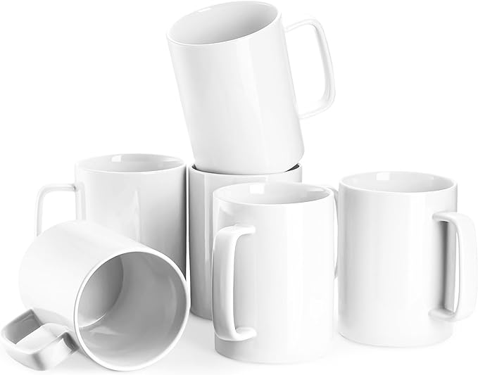 Jassceram Coffee Mugs Set of 6, 18 Ounce Porcelain Mugs for Latte, Hot Tea, Cappuccino, Ceramic Coffee Cups with Large Handle - Dishwasher & Microwave Safe, White- Christmas Gift & Thanksgiving Gift
