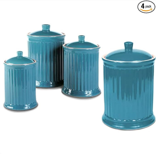 Omniware Simsbury 4-Piece Canister Set - Ceramic Storage Jars with Airtight Lids, Lead-Free Glaze, Dishwasher Safe - Vintage-Inspired Kitchen Containers for Flour, Sugar, Coffee (Turquoise)