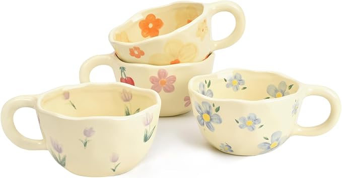Koythin 4-Piece Ceramic Coffee Mugs, Creative Flower Mug for Office and Home, 8.5 oz/250 ml for Latte Tea Milk (Blue Flower, Orange Flower, Pink Cherry, Purple Tulip)