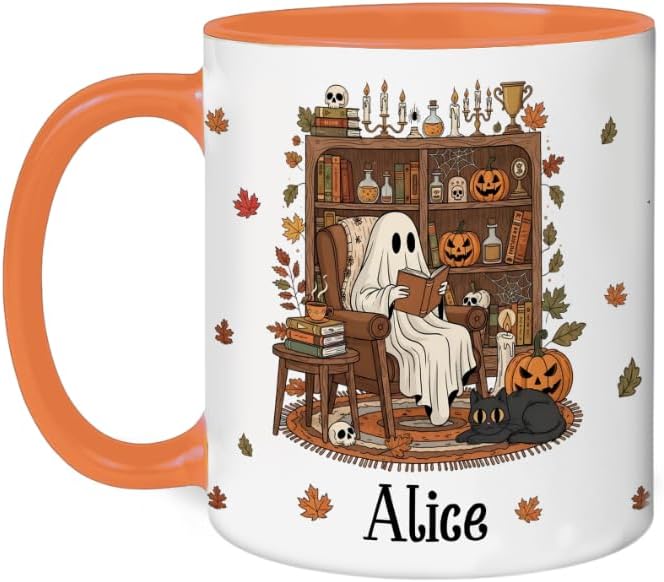 Personalized Halloween Book Lover Coffee Mug – Custom Cute Ghost Cup for Fall and Christmas – Unique Spooky Coffee Mugs for Women, Readers, and Bookish Gift Ideas