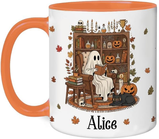 Personalized Halloween Book Lover Coffee Mug – Custom Cute Ghost Cup for Fall and Christmas – Unique Spooky Coffee Mugs for Women, Readers, and Bookish Gift Ideas