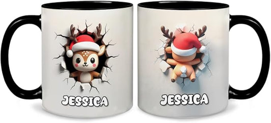 Personalized Christmas Reindeer Mug With Custom Name Cute Santa Hat Deer Holiday Coffee Cup Festive Xmas Gift For Kids Family Friends Men Women Unique Hot Cocoa Tea Cup Winter Drinkware