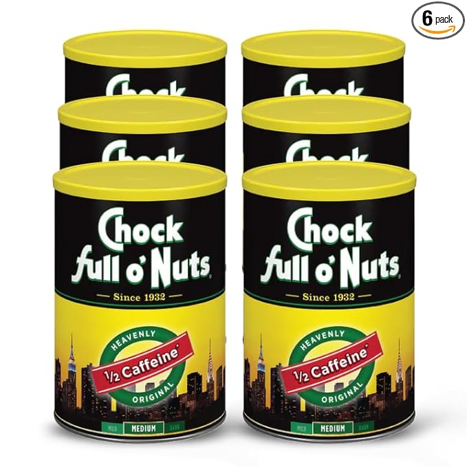 Chock Full o' Nuts Heavenly Original Half Caffeine Ground Coffee – Premium Beans in Recyclable Can – Rich Flavor & Aroma, Medium Roast – Perfect for Drip, Pour-Over, Percolator, 10.3 Oz Can, Pack of 6