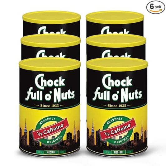 Chock Full o' Nuts Heavenly Original Half Caffeine Ground Coffee – Premium Beans in Recyclable Can – Rich Flavor & Aroma, Medium Roast – Perfect for Drip, Pour-Over, Percolator, 10.3 Oz Can, Pack of 6