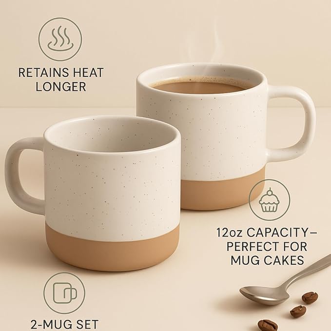 Unboxme Givenne 2 Pcs 12oz Handcrafted Ceramic Coffee Mug – Speckled Gloss Finish with Nature-Baked Base – Microwave-Safe Artisanal Mug Set