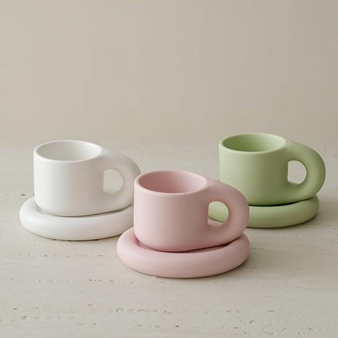 WENSHUO Chubby Funny Coffee Mug, Novelty Cute Cup and Saucer, Matte Crème, 9 oz (Matte Soft Pink)