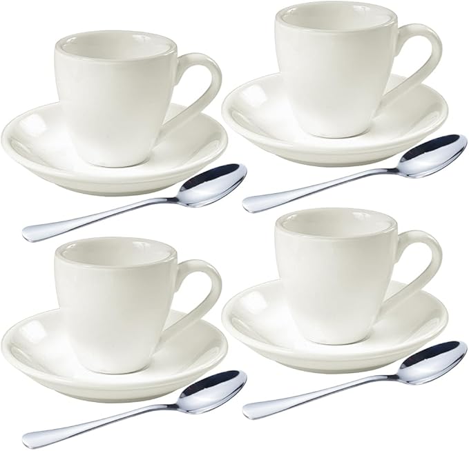 homEdge Porcelain Espresso Shot Cup Set with Saucers and Stainless Steel Spoons - 80 ml / 2.67 oz, Set of 4, White