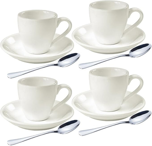 homEdge Porcelain Espresso Shot Cup Set with Saucers and Stainless Steel Spoons - 80 ml / 2.67 oz, Set of 4, White