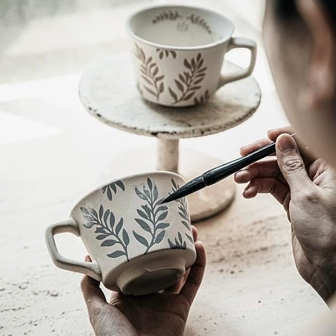 Coffee Mug 4 with Gold Spoon, 11 oz Porcelain Mug, Ancient Style Hand-painted Mug for Men Women, Dishwasher Microwave Safe W006-Green Leaf