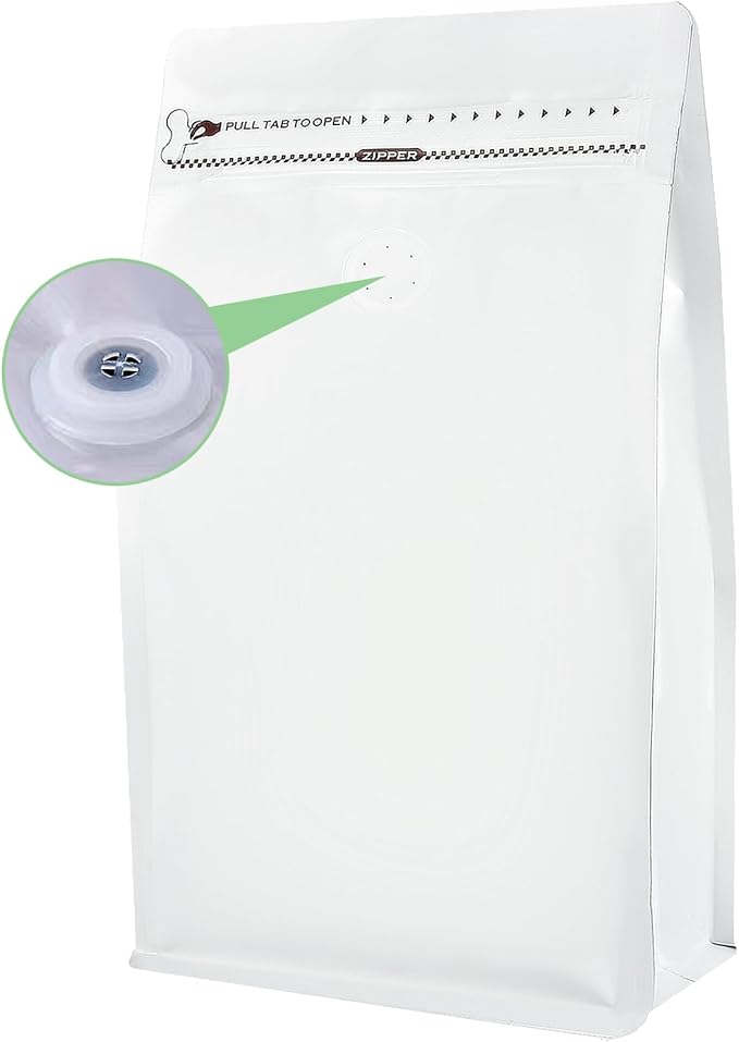 Coffee Bags with Valve(100pcs,12 oz) white High Barrier Aluminumed Foil Flat Bottom Standing Coffee Beans Storage Bags,Reusable Heat Sealable Side Zipper Pouches for Home or Store