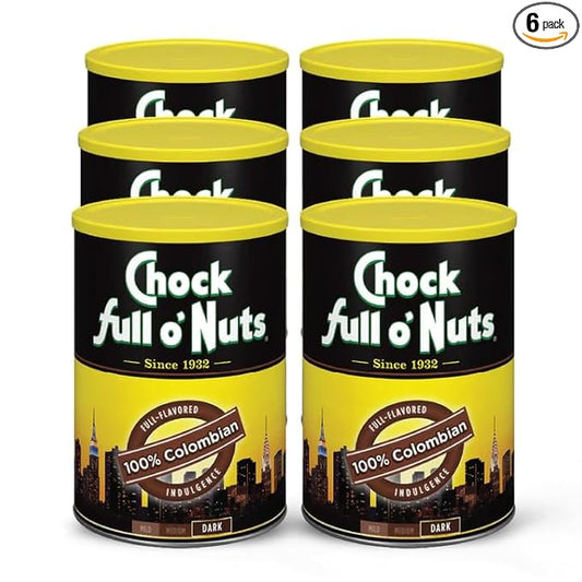 Chock Full o' Nuts Colombian Ground Coffee – Premium Beans in Recyclable Steel Can – Rich Flavor & Aroma, Dark Roast – Perfect for Drip, Pour-Over, Percolator – 10.3 Oz Can, Pack of 6