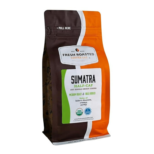 Fresh Roasted Coffee, Organic Sumatra Water-Processed Half-Caf | 100% Single Origin, USDA Organic, Kosher | Medium Roast 12 oz Whole Bean
