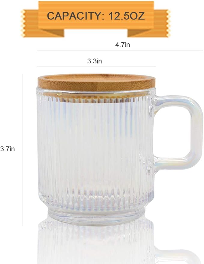 Lysenn Clear Glass Coffee Mug with Lid - Premium Classical Vertical Stripes Glass Tea Cup - for |Latte|Tea|Chocolate|Juice|Water| - Unleaded - Bamboo Lid - 12.5 Ounces