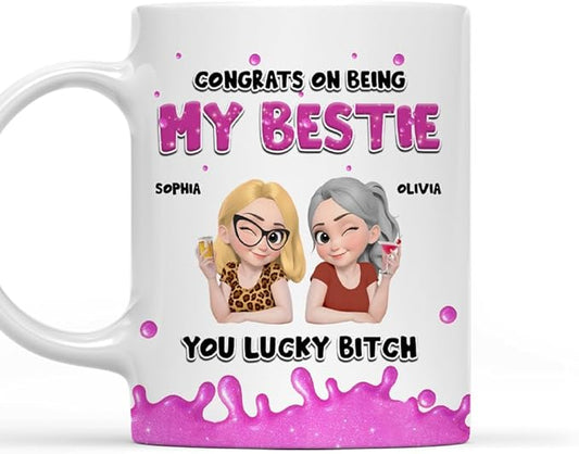 Wrappiness Personalized Mug For Bestie - Custom Congrats On Being My Bestie Coffee Mug, Customizable Ceramic Cup for Best Friends, Gift for Celebrations, 11oz & 15oz, Dishwasher & Microwave Safe