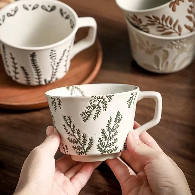Coffee Mug 4 with Gold Spoon, 11 oz Porcelain Mug, Ancient Style Hand-painted Mug for Men Women, Dishwasher Microwave Safe W006-Green Leaf