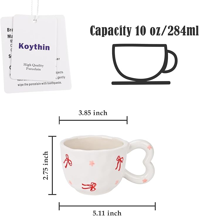 Koythin Ceramic Coffee Mug, Cute Creative Heart Handle Mug Design for Office and Home, Dishwasher and Microwave Safe, 10.5 oz/300 ml for Tea Latte Milk (Ribbon Bow)
