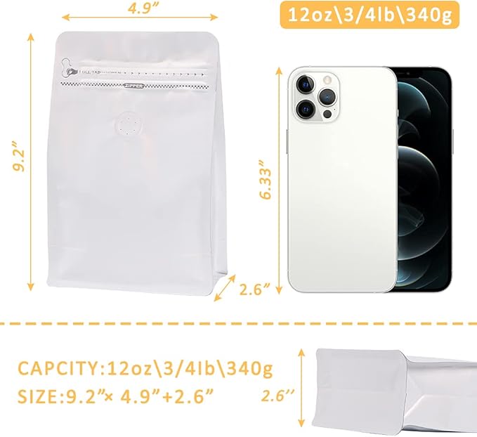 Coffee Bags with Valve(100pcs,12 oz) white High Barrier Aluminumed Foil Flat Bottom Standing Coffee Beans Storage Bags,Reusable Heat Sealable Side Zipper Pouches for Home or Store