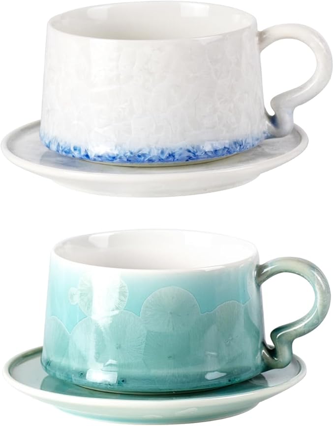 KAMMAK Tea Cups and Saucers Set of 2, Porcelain Coffee Cups, 7.5oz Crystalline Glaze Espresso Mugs, Ceramic Demitasse for Coffee, Cappuccino, Latte, Americano, Tea (Light green + Light blue)