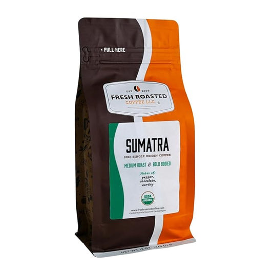 Fresh Roasted Coffee, Organic Sumatra | 100% Single Origin, USDA Organic, Kosher | Medium Roast 12 oz Whole Bean