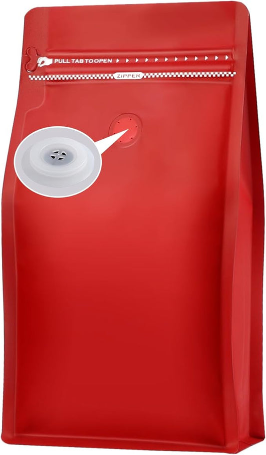 Coffee Bags with Valve(100pcs,16oz) Red High Barrier Aluminumed Foil Flat Bottom Standing Coffee Beans Storage Bags,Reusable Heat Sealable Side Zipper Pouches for Home or Store