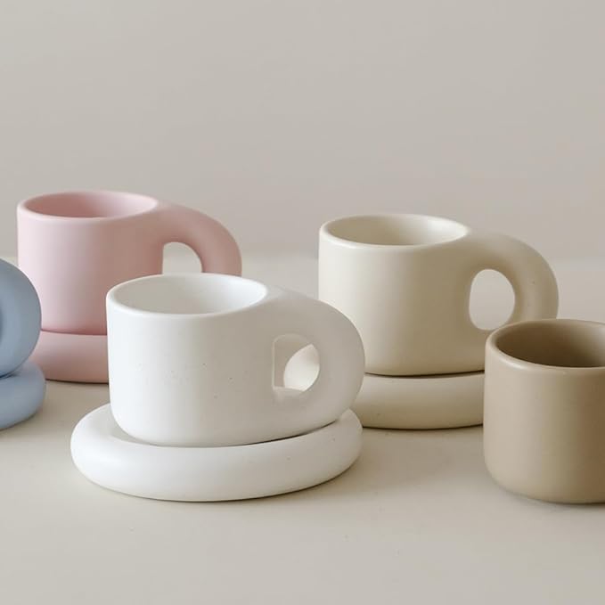 WENSHUO Chubby Funny Coffee Mug, Novelty Cute Cup and Saucer, Matte Crème, 9 oz (Matte Blue)