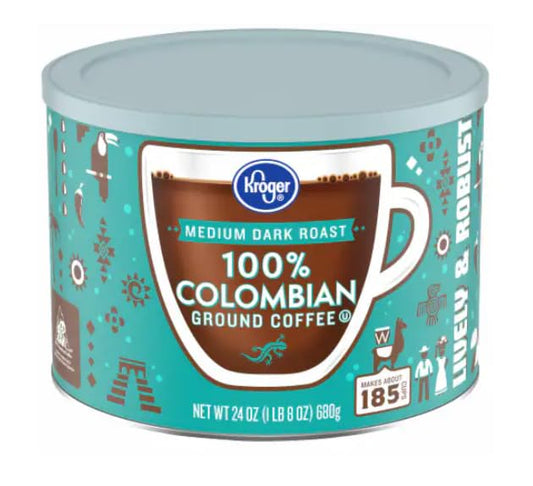 Kroger 'Lively and Robust' Medium-Dark-Roast 100% Colombian Ground Coffee, 24 Oz Resealable Can, 1 Pack - Makes 185 Cups±!
