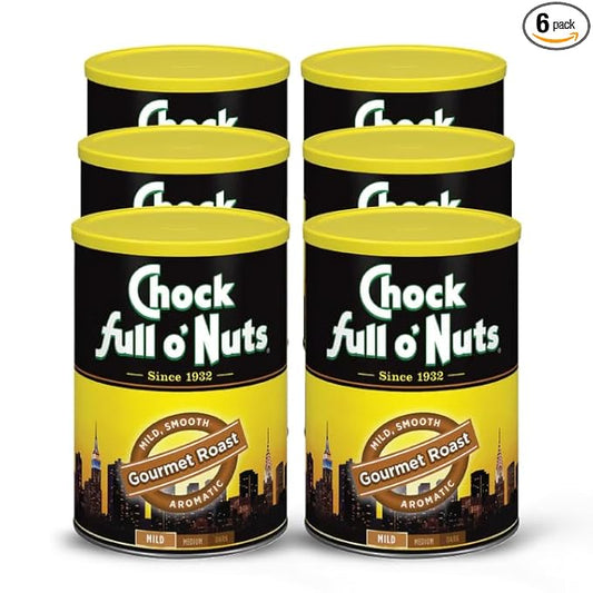 Chock Full o' Nuts Gourmet Roast Ground Coffee – Premium Beans in Recyclable Steel Can – Rich Flavor & Aroma, Light Roast – Perfect for Drip, Pour-Over, Percolator – 11 Oz Can, Pack of 6