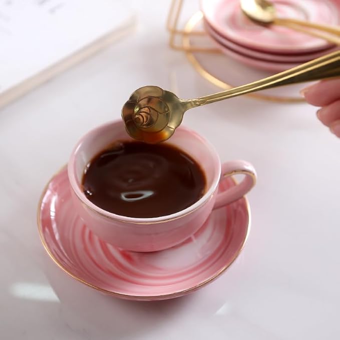 Ceramic Espresso Cups Set with Saucers and Metal Stand, 4 oz Porcelain Stackable Cappuccino Cups Teacup For Tea, Espresso, Latte, Coffee, Cafe Mocha (Pink