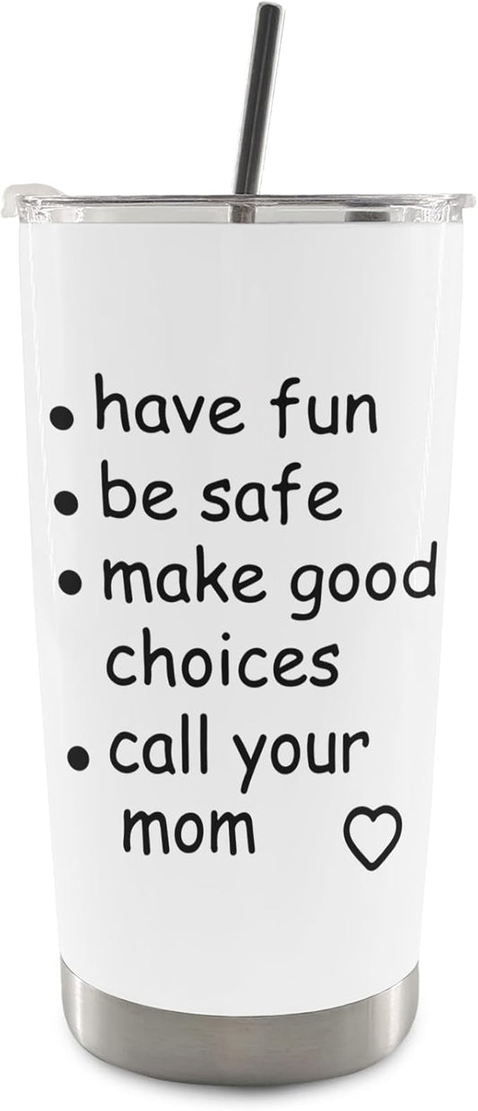 QASHWEY Funny Call Your Mom Coffee Tumbler - Gifts for College Daughter Son Travel Tumbler Coffee Mug, Funny College Freshman Gifts, Preppy Freshman Stainless Steel Tumblers with Straw and Lid 20 oz