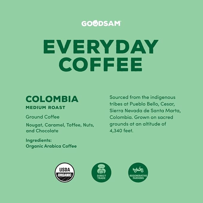 GoodSAM - Organic Colombian Ground Coffee, Medium Roast 2lb – Single Origin Arabica Beans, Smooth & Balanced Flavor - Supporting Small Family Farmers, Regenerative & Direct Trade