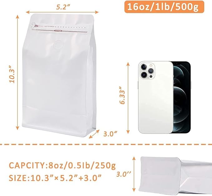 Coffee Bags with Valve(100pcs,16oz) White High Barrier Aluminumed Foil Flat Bottom Standing Coffee Beans Storage Bags,Reusable Heat Sealable Side Zipper Pouches for Home or Store