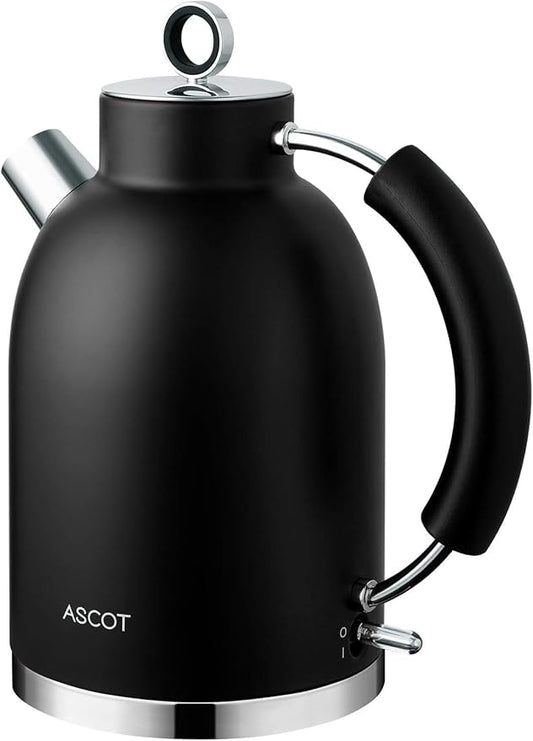 ASCOT Electric Kettle, Electric Tea Kettle Hot Water Kettle Stainless Steel Kettle 1.6L 1500W Retro Tea Heater & Boiling Water, Auto Shut-Off and Boil-Dry Protection (Black)