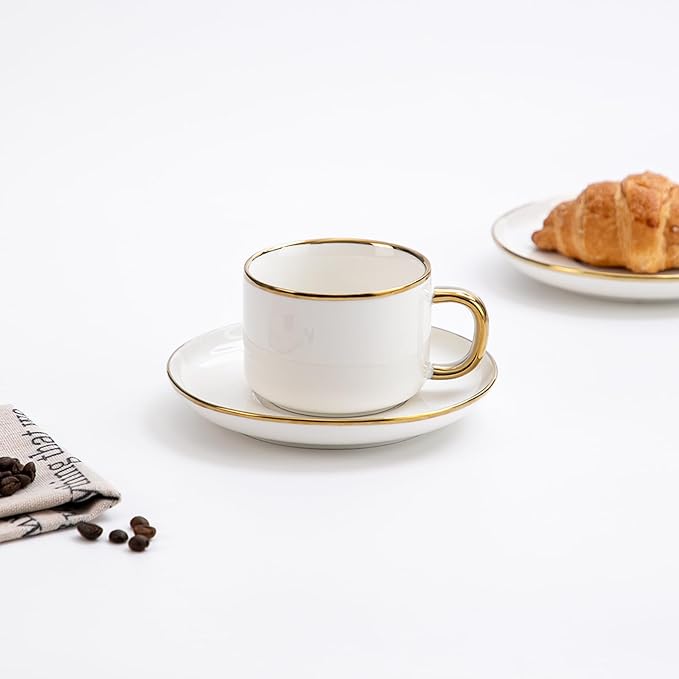 Tea Cups and Saucers with Gold Trim, 6.76 Ounce White Porcelain Tea Set & Coffee Cups for Latte, Cafe Mocha, Tea-Set of 4,Porcelain Mugs for Kitchen or Cafe(white and gold)