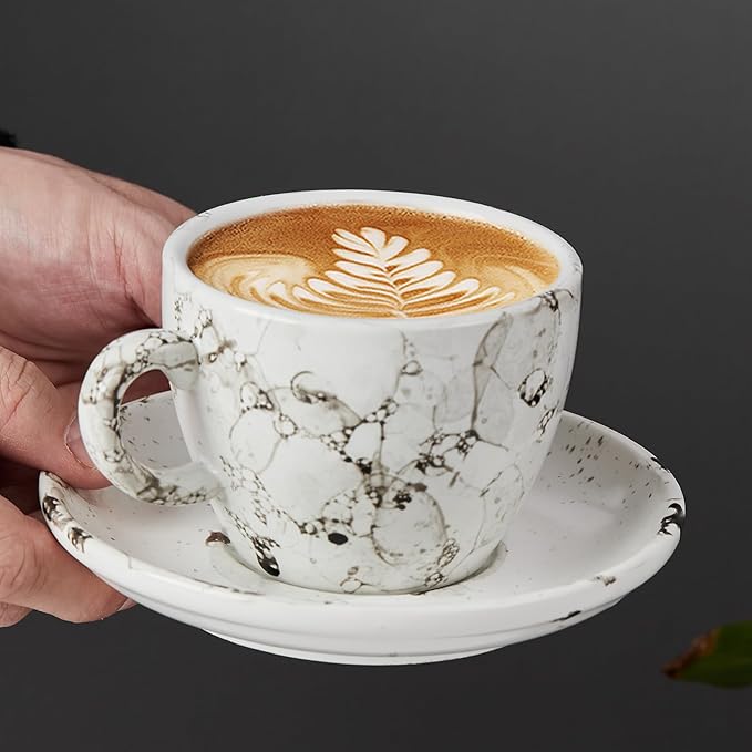 SIDUCAL Espresso Cups Set of 4,6 Ounce Ceramic Coffee Cups with Saucers,Porcelain Double Espresso Cup Set,Gift Box for Boyfriend Gift(White)