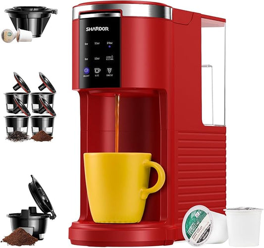 SHARDOR 3 in 1 K Cup Coffee Maker, Single Serve Coffee Maker for K Cup Pods & Ground Coffee & Teas, 6 to 14oz Brew Sizes, 40oz Detachable Water Reservoir, Compact Design, Red