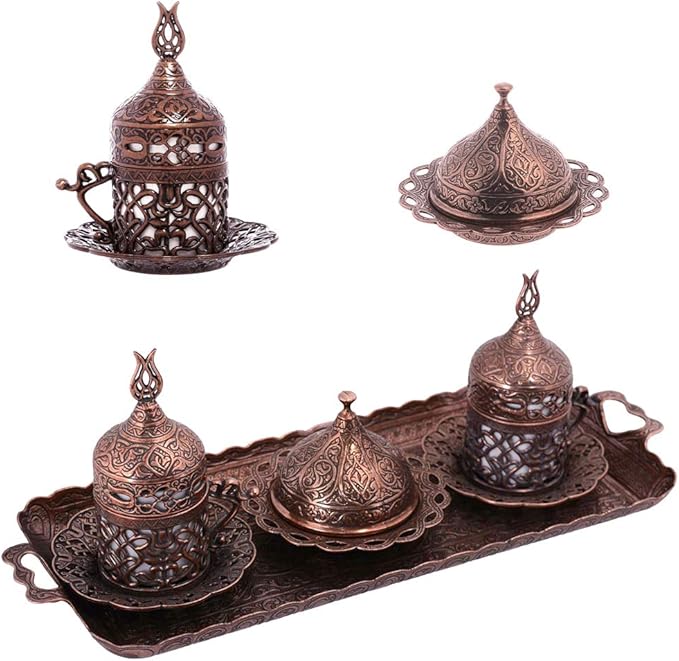 Alisveristime Turkish Coffee Set for Two - Authentic Ottoman Style Cups, Saucers, and Serving Tray with Lale Motifs (Acur) (Copper)
