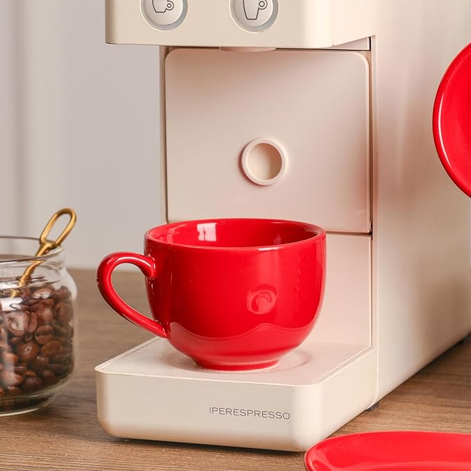 vicrays Ceramic Espresso Coffee Cups - 4 oz Porcelain Espresso Cups Set with Saucers Spoons and Metal Stand for Tea Cafe Cappuccino Latte - Set of 6 - Red