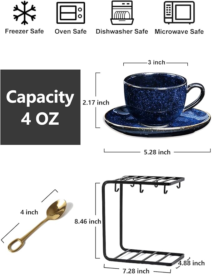 vicrays Ceramic Espresso Coffee Cups Set 4 oz Porcelain Espresso Cups with Saucers Spoons and Metal Stand for Tea Cafe Cappuccino Latte - Set of 6 - Blue