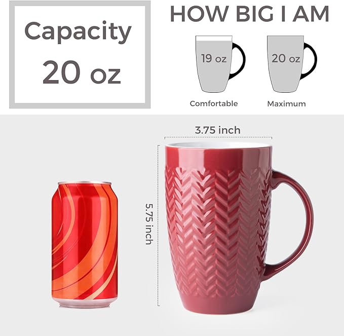 AmorArc Extra Large Coffee Mugs Set of 6, 20oz Ceramic Tall Coffee Mugs with Textured Geometric Patterns for Latte/Tea/Beer/Hot Cocoa, Dishwasher & Microwave Safe, Burgundy