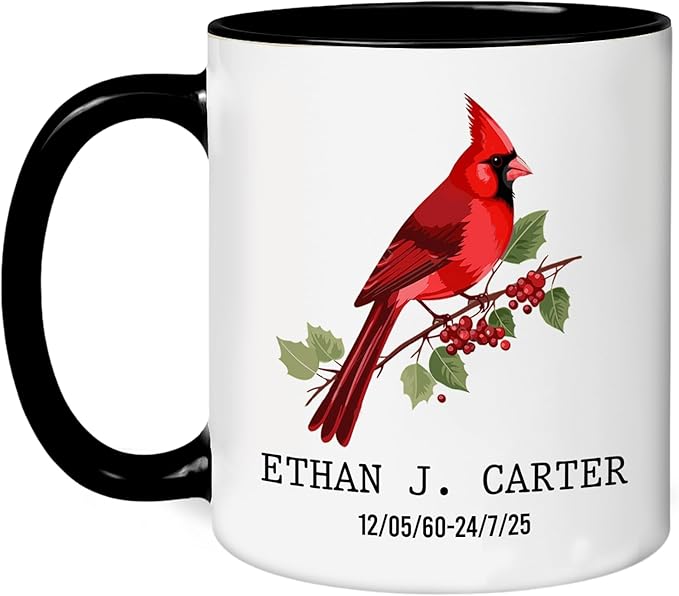 Personalized Memorial Coffee Mug – Cardinal Butterfly Ceramic Cup – Custom Remembrance Gift for Loss of Loved One – Sympathy Cup for Husband, Wife, Mother, Father, or Parents