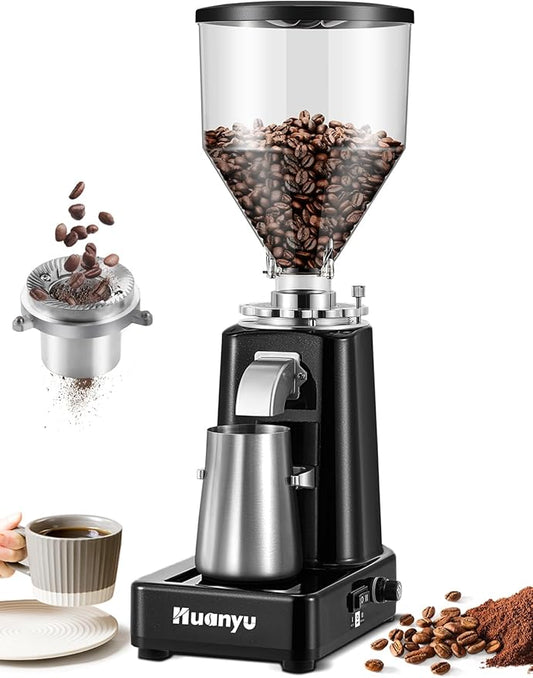 Huanyu Burr Coffee Grinder- Stainless Steel Flat Burr, 19 Precise Grind Settings, 35oz Capacity and Dual Dosing for Espresso, Hand Punch, French Press Black