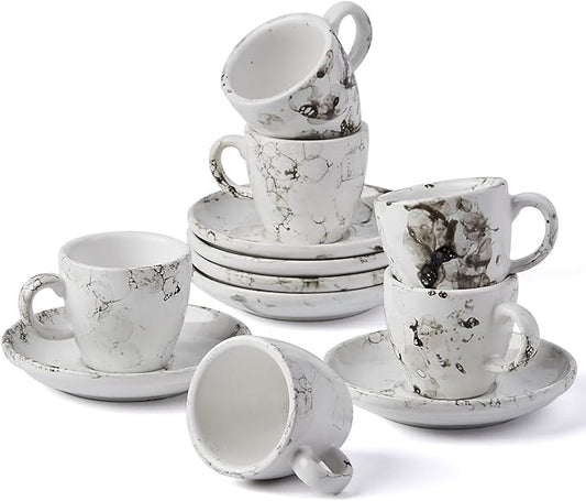 SIDUCAL Espresso Cups Set of 6,2 Ounce Ceramic Coffee Cups with Saucers,Porcelain Double Espresso Shot Cup Set,Gift Box for Boyfriend Gift(White)