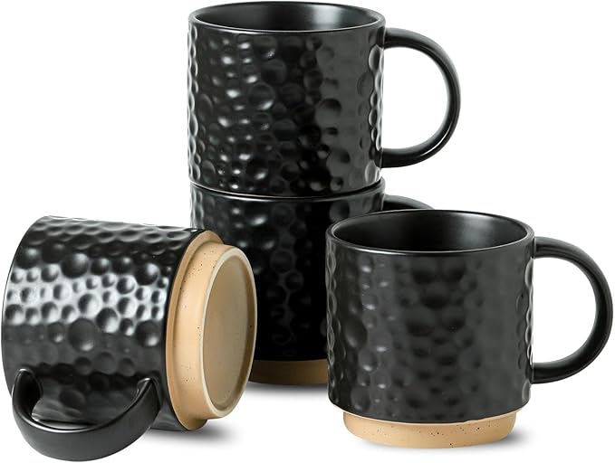Nihow 16OZ Stackable Coffee Mug Set, Large Ceramic Coffee Mug Set of 4,Coffee Cup Set for Cappuccino/Latte/Cocoa,Dishwasher & Microwave Safe, Matte Black