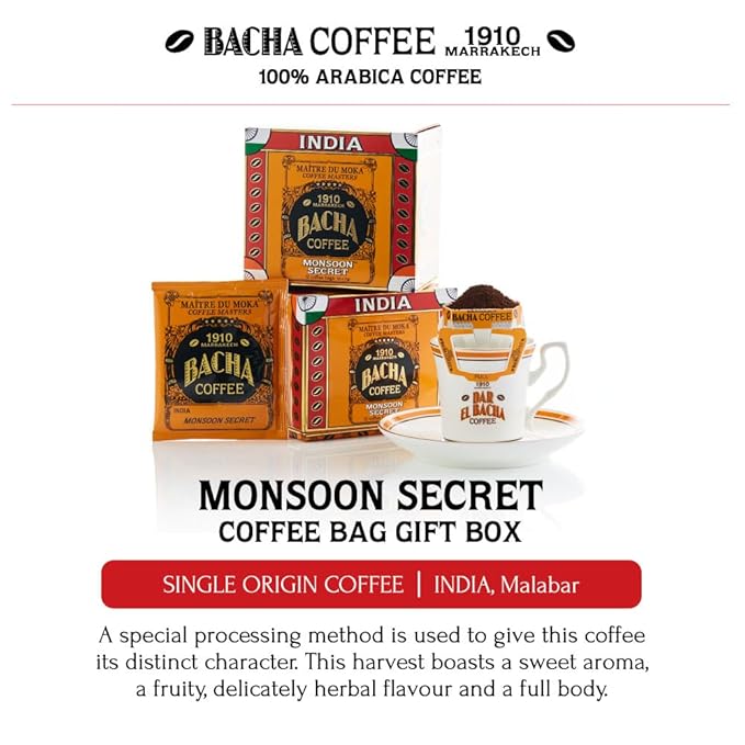 Bacha Coffee | Monsoon Secret India Single Origin, 100% Arabica Beans, Medium Dark Roast, x12 Individually Wrapped Single Serve Filter Bags