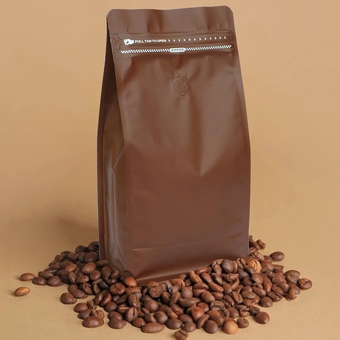 Coffee Bags with Valve(50pcs,16 oz) Brown High Barrier Aluminumed Foil Flat Bottom Standing Coffee Beans Storage Bags,Reusable Heat Sealable Side Zipper Pouches for Home or Store