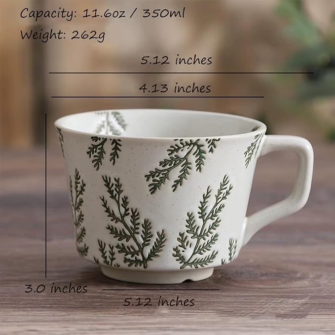 Coffee Mug 4 with Gold Spoon, 11 oz Porcelain Mug, Ancient Style Hand-painted Mug for Men Women, Dishwasher Microwave Safe W006-Green Leaf