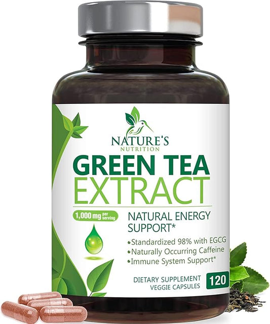 Green Tea Extract Capsules 1000 mg - Standardized 45% EGCG & 98% Polyphenols - 3X Strength Green Tea Pills for Natural Energy - Supports Heart Health, Herbal Supplement, Vegan, Non-GMO - 120 Capsules