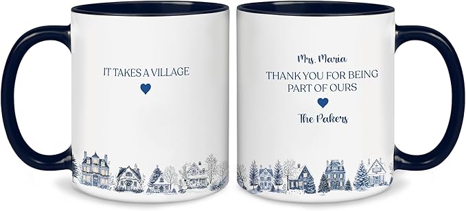 Personalized Toile De Jouy It Takes a Village Thank You Mug – Custom Name Ceramic Coffee Cup – Unique Appreciation Gift for Teacher, Nanny, Babysitter, Coach, Mentor, or Friend