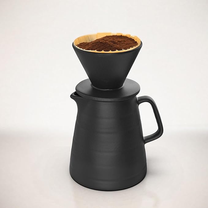 Francois et Mimi Pour Over Drip Coffee Maker Gift Set with Two Coffee Mugs, Non-Electric Pour Over Coffee Dripper, Easy Manual Brew Maker, Dishwasher and Microwave Safe, Filters not included (Black)